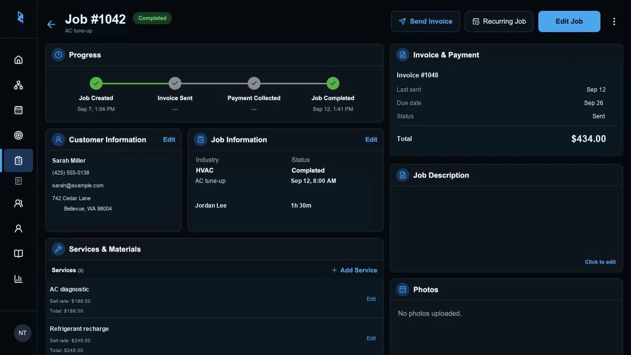 Bluefox job screen with progress, customer details, services, invoice, and photos